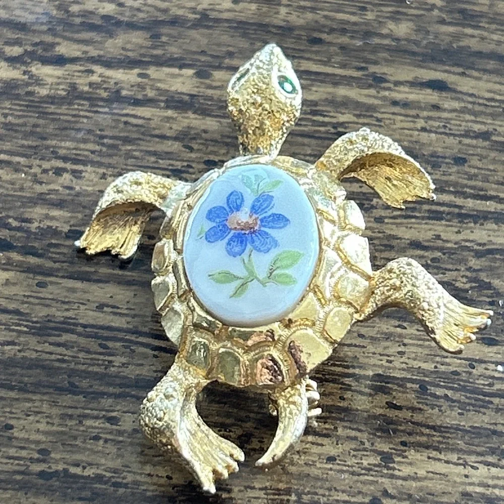 Vintage Turtle Brooch Gold Tone Floral Cabochon Green Eyes Figural Pin